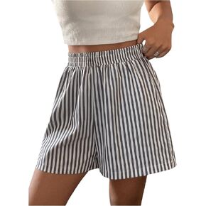OYOANGLE Women's Striped Wide Leg Shorts Casual Elastic High Waist Shorts with Pocket