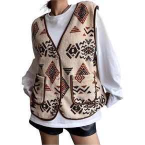 Verdusa Women's Button Front Fuzzy Fleece Sleeveless Jacket Outwear Graphic Vest with Pocket