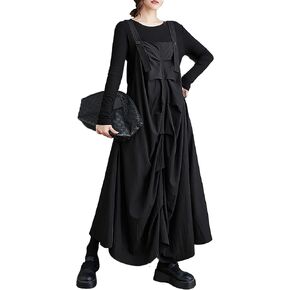 ellazhu Women's Vest Dress Irregular Hem Solid Black Strap Shoulder Buttoned Loose Oversize Fall GZ262 A