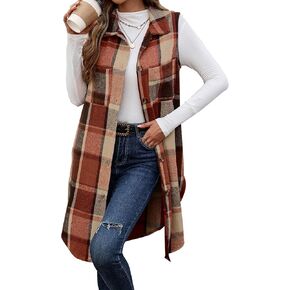 ZILIN Long Flannel Plaid Vest for Women Button Down Sleeveless Shacket Shirt Jacket with Pockets