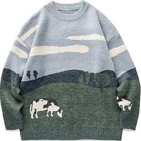 Vamtac Mens Graphic Sweaters Vintage Oversized Knit Pullover Unisex Streetwear Baggy Sweater