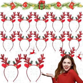 Crowye 12 Pcs Christmas Headbands Xmas Glitter Elk Antlers Headbands Deer Reindeer Shaped Hairbands Hair Hoop Headdress