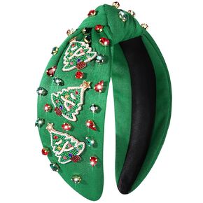 Christmas Headband for Women Holiday Christmas Accessories Beaded Xmas Bow Tree Snowflake HOHOHO Knotted Headband Red Green Crystal Pearl Top Knot Headband Festive Holiday Gifts (Xmas Tree 1)