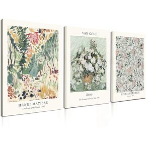 Induslyfe Framed Sage Green Vintage Wall Art Canvas Decor Set of 3, Matisse Wall Art Prints Posters Mid Century Modern Art, Aesthetic Floral Botanical wall art for bedroom, living room, bathroom 12x16