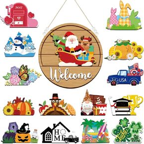 Sintuff Interchangeable Seasonal Welcome Sign for Front Door Round Welcome Wreaths Porch Hanging Decor Farmhouse for Fall Halloween Autumn Thanksgiving Seasons Holiday(White Word, Wood Back)
