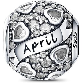 HappyStar 925 Sterling Silver Month Birthstone Charm for Bracelets Necklace，with 5A Cubic Zirconia Dangle Pendant Bead,Happy Birthday Valentine's Day