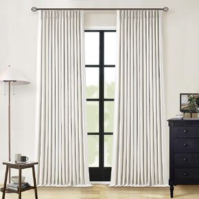 90 Inch Pinch Pleated Linen Blackout Curtains 2 Panels for Living Room Cream Natural 100% Black Out Curtains 90 Inches Long Pinch Pleat Dual Layer Drapes Birch Ivory Curtain for Dining Bedroom Office