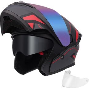 Modular Motorcycle Helmet Dual Visor Flip Up Full Face Helmets FF808 DOT Approved for Adults Men Women (Gloss White, L)