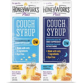 HoneyWorks Plus Cough Syrup with Organic Honey, Day/Night Bundle, 8 Oz (Pack of 2) Cough Suppressant for Adults & Kids 12+ Years, Helps Soothe Cough