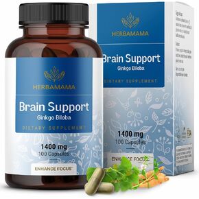 HERBAMAMA Brain Support Capsules - 1400 mg Brain Health Supplement with Ashwagandha, Panax Ginseng & Ginkgo Biloba - Vegan, Non-GMO - 100 Caps