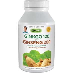ANDREW LESSMAN Ginkgo 120 Plus Ginseng 200-60 Capsules – Standardized Extract Blend to Support Brain, Memory and Cognitive Function. Adaptogen, Combats Stress and Fatigue. No Additives