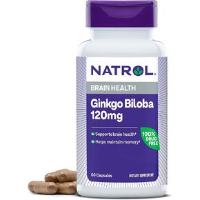 Natrol Brain Health Ginkgo Biloba 120mg, Dietary Supplement for Brain Health and Memory Support, 60 Capsules, 60 Day Supply