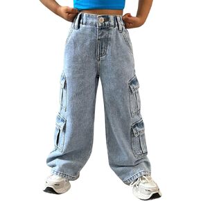 Floerns Toddler Girl's Wide Leg Elastic Waist Button Baggy Jeans Solid Casual Denim Pants with Pockets