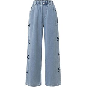 Girls' Cute Bows Embroidery Denim High Waist Straight Wide Legs Jeans in Saudi Arabia