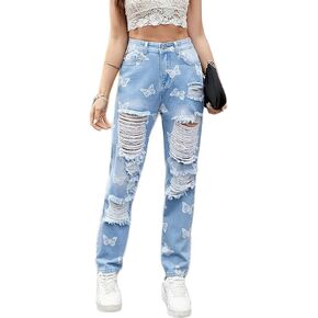 Womens Butterfly Print High Waisted Ripped Boyfriend Jeans for Teen Girls Straight Leg Distressed Denim Pants
