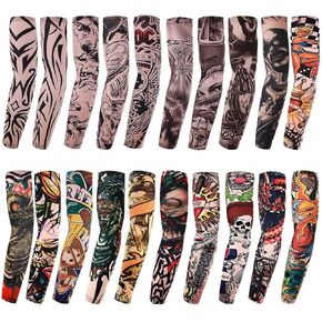 AKStore 20PCS Set Arts Fake Temporary Tattoo Arm Sunscreen Sleeves Designs Tiger, Crown Heart, Skull, Tribal and Etc