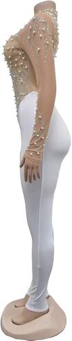 Women's Sexy Long Sleeve Pearl Rhinestone Jumpsuit Patchwork Sheer Mesh See Through Bodycon Jumpsuit Party Night in Saudi Arabia