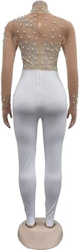 Women's Sexy Long Sleeve Pearl Rhinestone Jumpsuit Patchwork Sheer Mesh See Through Bodycon Jumpsuit Party Night in Saudi Arabia