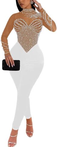 Women's Sexy Long Sleeve Pearl Rhinestone Jumpsuit Patchwork Sheer Mesh See Through Bodycon Jumpsuit Party Night in Saudi Arabia