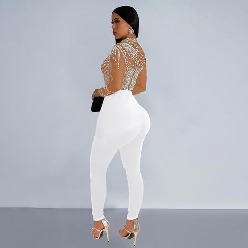 Women's Sexy Long Sleeve Pearl Rhinestone Jumpsuit Patchwork Sheer Mesh See Through Bodycon Jumpsuit Party Night in Saudi Arabia
