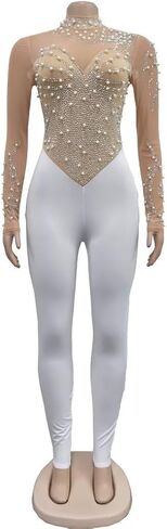 Women's Sexy Long Sleeve Pearl Rhinestone Jumpsuit Patchwork Sheer Mesh See Through Bodycon Jumpsuit Party Night in Saudi Arabia