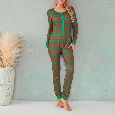 Women Striped Christmas One Piece Pajamas V Neck Long Sleeve Jumpsuit Bodycon Bodysuit Romper Sleepwear in Kuwait