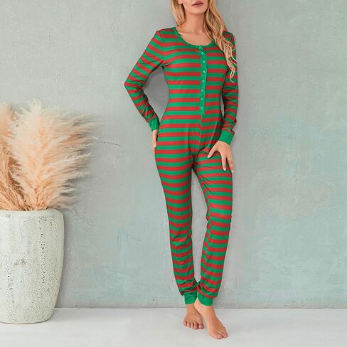 Women Striped Christmas One Piece Pajamas V Neck Long Sleeve Jumpsuit Bodycon Bodysuit Romper Sleepwear in Kuwait
