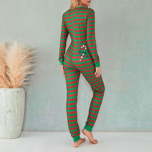 Women Striped Christmas One Piece Pajamas V Neck Long Sleeve Jumpsuit Bodycon Bodysuit Romper Sleepwear in Kuwait