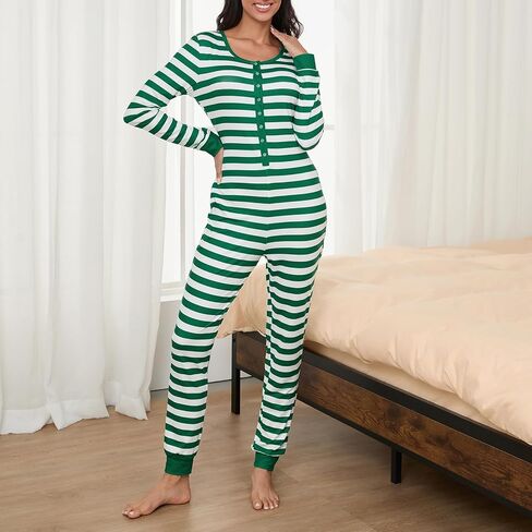 Women Striped Christmas One Piece Pajamas V Neck Long Sleeve Jumpsuit Bodycon Bodysuit Romper Sleepwear in Kuwait