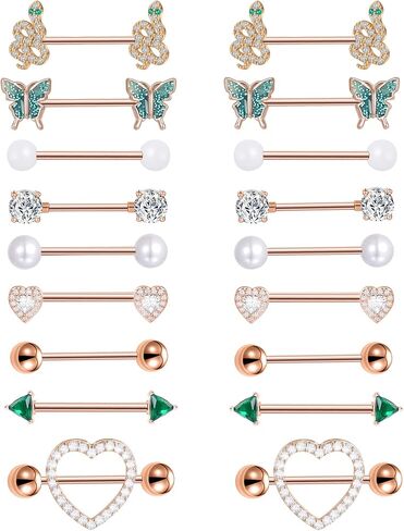 Tornito 9 Pairs Nipple Rings 14G Stainless Steel Heart Butterfly Snake Ball Emerald Triangle CZ Barbell Tongue Rings Set Cute Body Piercing Jewelry for Women 16mm Rose Gold Silver Tone in Saudi Arabia