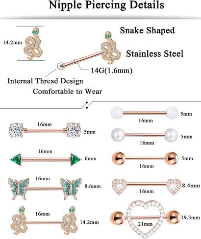 Tornito 9 Pairs Nipple Rings 14G Stainless Steel Heart Butterfly Snake Ball Emerald Triangle CZ Barbell Tongue Rings Set Cute Body Piercing Jewelry for Women 16mm Rose Gold Silver Tone in Saudi Arabia