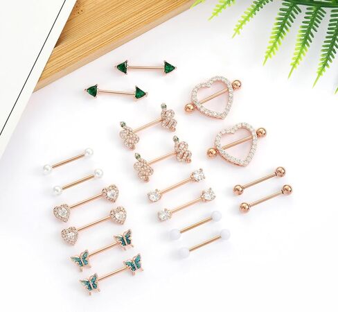 Tornito 9 Pairs Nipple Rings 14G Stainless Steel Heart Butterfly Snake Ball Emerald Triangle CZ Barbell Tongue Rings Set Cute Body Piercing Jewelry for Women 16mm Rose Gold Silver Tone in Saudi Arabia
