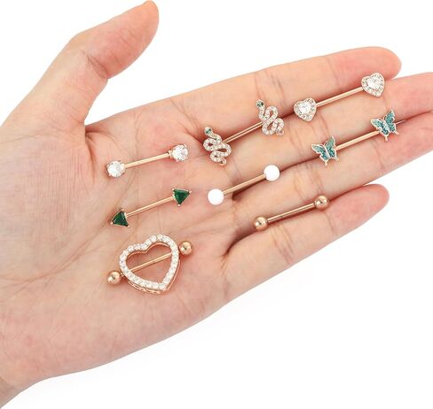 Tornito 9 Pairs Nipple Rings 14G Stainless Steel Heart Butterfly Snake Ball Emerald Triangle CZ Barbell Tongue Rings Set Cute Body Piercing Jewelry for Women 16mm Rose Gold Silver Tone in Saudi Arabia