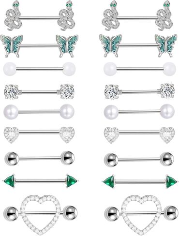 Tornito 9 Pairs Nipple Rings 14G Stainless Steel Heart Butterfly Snake Ball Emerald Triangle CZ Barbell Tongue Rings Set Cute Body Piercing Jewelry for Women 16mm Rose Gold Silver Tone in Saudi Arabia