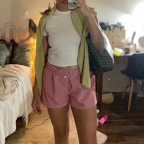 Y2k Plaid Shorts for Women Casual Elastic Waist Aesthetic Lounge Bottom Baggy Pajama Shorts Boxers Sleepwear in Saudi Arabia