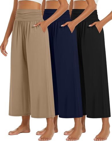 Huukeay 3 Pack Wide Leg Palazzo Pants for Women, High Waisted Lounge Yoga Pants Loose Casual Trousers with Pockets 24" Inseam in Kuwait