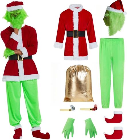 9PCS Adult Cosplay Costume,Green Monster Costume,Christmas Costume Set for Men,Santa Claus Outfit-Including Masks in Kuwait