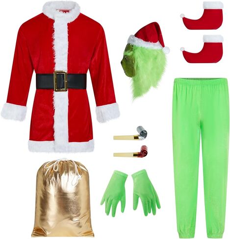 9PCS Adult Cosplay Costume,Green Monster Costume,Christmas Costume Set for Men,Santa Claus Outfit-Including Masks in Kuwait