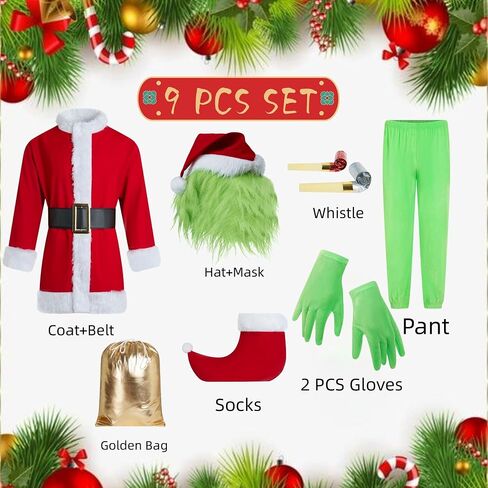 9PCS Adult Cosplay Costume,Green Monster Costume,Christmas Costume Set for Men,Santa Claus Outfit-Including Masks in Kuwait
