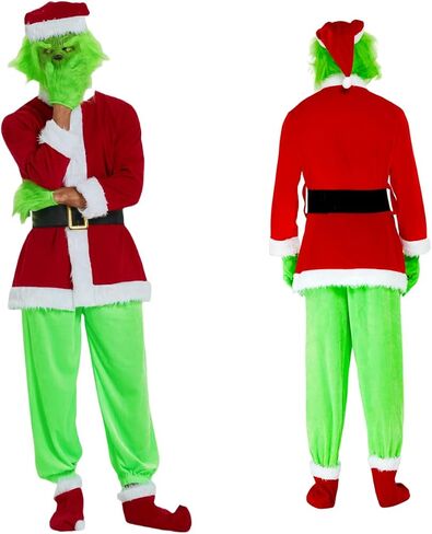 9PCS Adult Cosplay Costume,Green Monster Costume,Christmas Costume Set for Men,Santa Claus Outfit-Including Masks in Kuwait