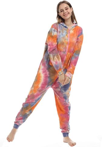 Lifeye Womens Onesie Pajamas Tie Dye Romper Sleepwear Long Sleeve Jumpsuit Homewear Union Suit Nightwear Adult in Kuwait