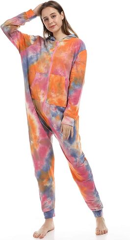Lifeye Womens Onesie Pajamas Tie Dye Romper Sleepwear Long Sleeve Jumpsuit Homewear Union Suit Nightwear Adult in Kuwait