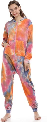 Lifeye Womens Onesie Pajamas Tie Dye Romper Sleepwear Long Sleeve Jumpsuit Homewear Union Suit Nightwear Adult in Kuwait