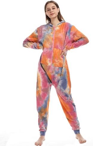 Lifeye Womens Onesie Pajamas Tie Dye Romper Sleepwear Long Sleeve Jumpsuit Homewear Union Suit Nightwear Adult in Kuwait