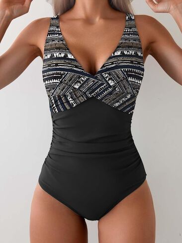 Eomenie Women's One Piece Swimsuits Tummy Control Ruched Push Up Bathing Suit Tie Back Slimming Swimwear in Kuwait