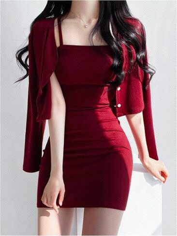 Women's 2 Piece Outfits Long Sleeve Button Down Bolero Shrugs Cardigan and Bodycon Cami Mini Dress Set in Saudi Arabia