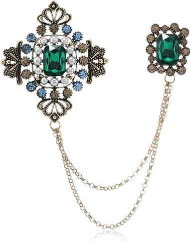 Retro Crystal Flower Geometry Lapel Pin for Men Rhinestone With Hanging Chain Brooch for Men Suit Fashion Gold Collar Pins for Men Women Gifts in Kuwait