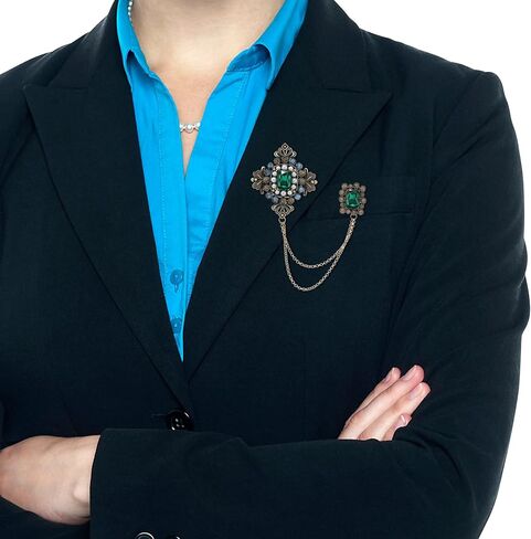 Retro Crystal Flower Geometry Lapel Pin for Men Rhinestone With Hanging Chain Brooch for Men Suit Fashion Gold Collar Pins for Men Women Gifts in Kuwait