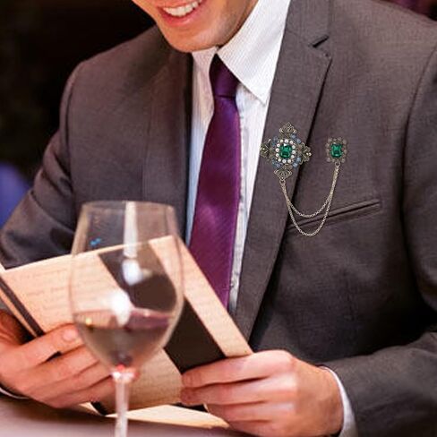 Retro Crystal Flower Geometry Lapel Pin for Men Rhinestone With Hanging Chain Brooch for Men Suit Fashion Gold Collar Pins for Men Women Gifts in Kuwait