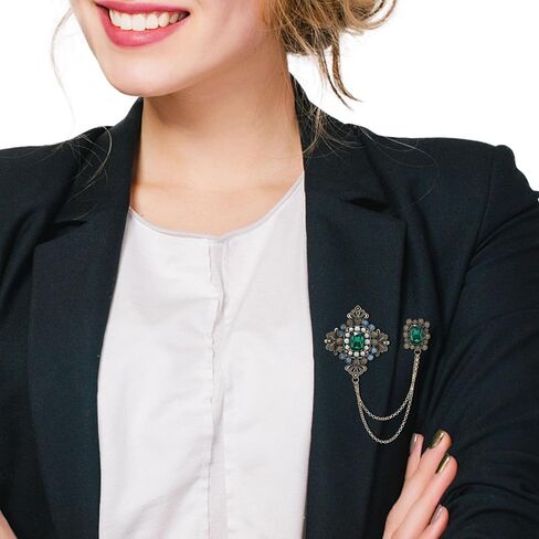 Retro Crystal Flower Geometry Lapel Pin for Men Rhinestone With Hanging Chain Brooch for Men Suit Fashion Gold Collar Pins for Men Women Gifts in Kuwait